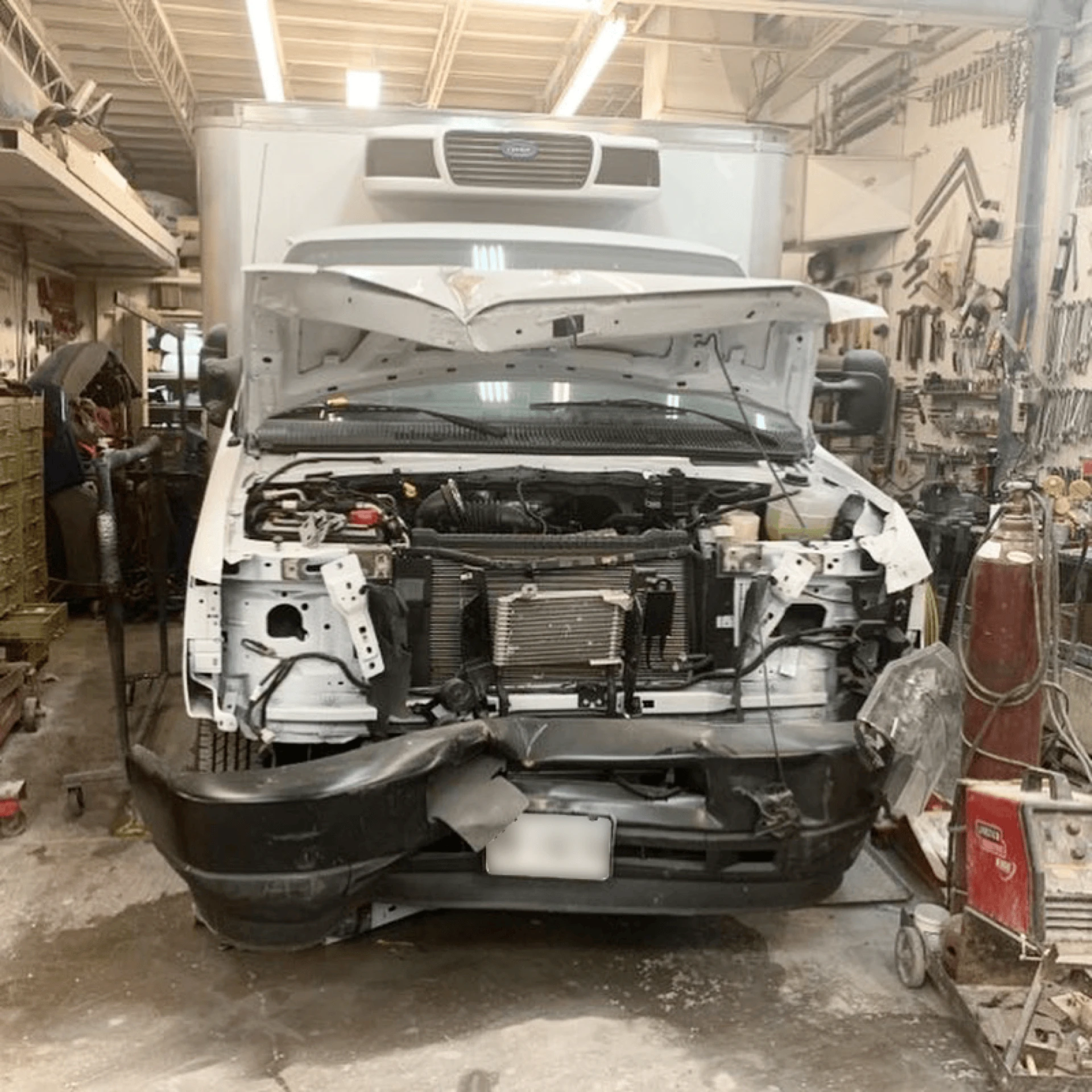Truck collision repair in progress